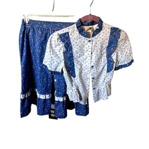For Get Me Knot 2 piece (skirt & blouse) by Lisa London retro blue/white size 14